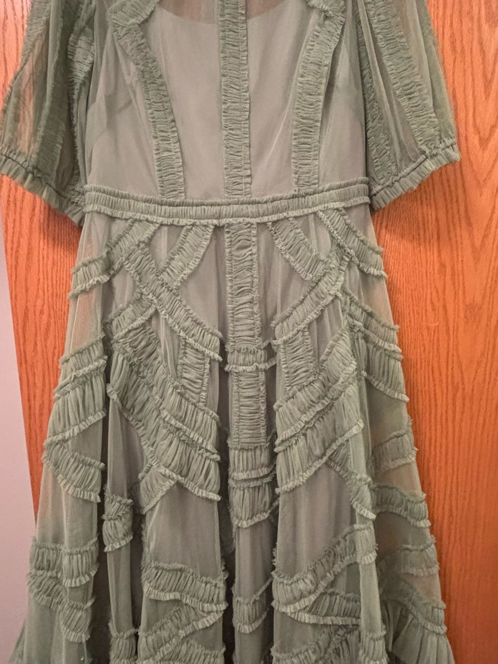Mac Duggal Sage Green Ruffle-Trim Maxi Dress